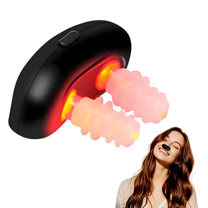 Black device with glowing pink and red elements on a white background, with a woman smiling.
