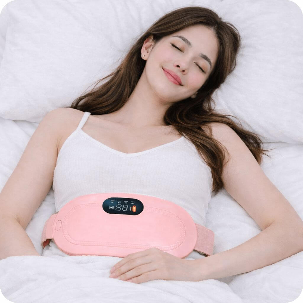 Woman relaxing with a Menstrual Heating Pad for fast cramp relief on her abdomen.