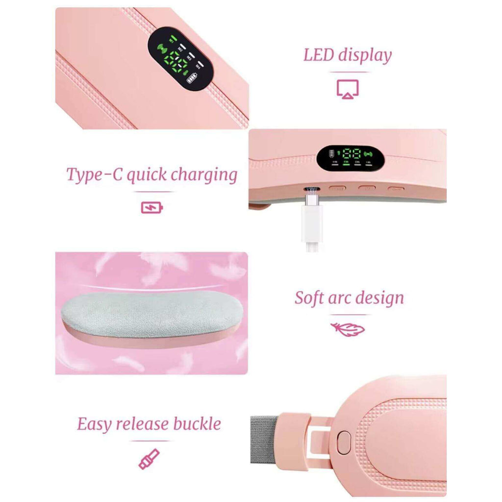 Pink menstrual heating pad with LED display, Type-C quick charging, soft arc design, and easy release buckle on a white background.