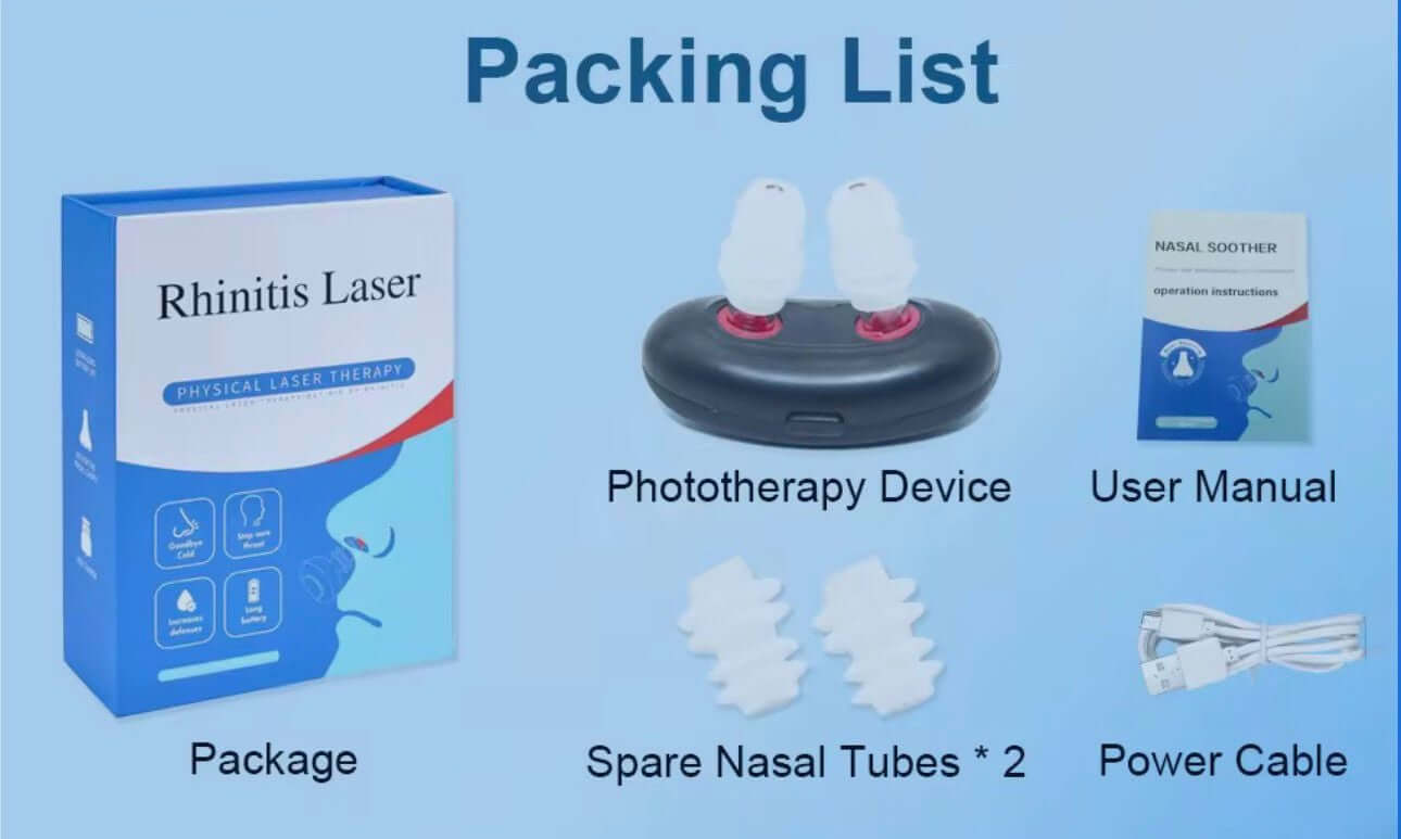Packing list for Nasal Dilator includes phototherapy device, user manual, spare nasal tubes, and power cable.