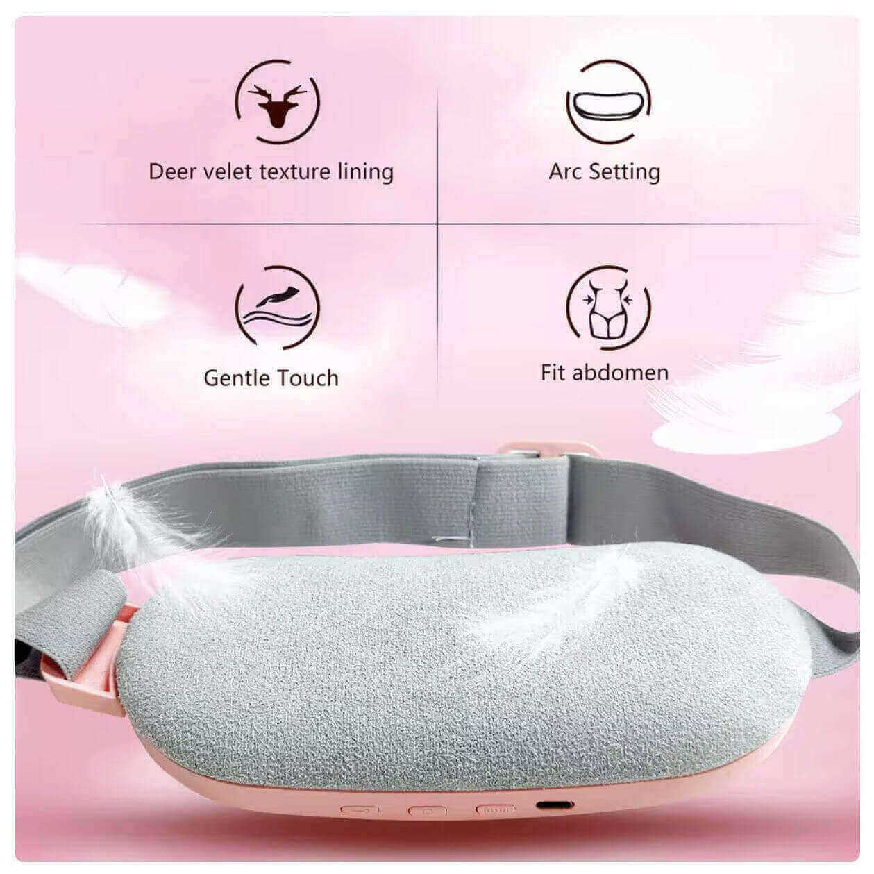 Gray menstrual heating pad with features listed on a pink background
