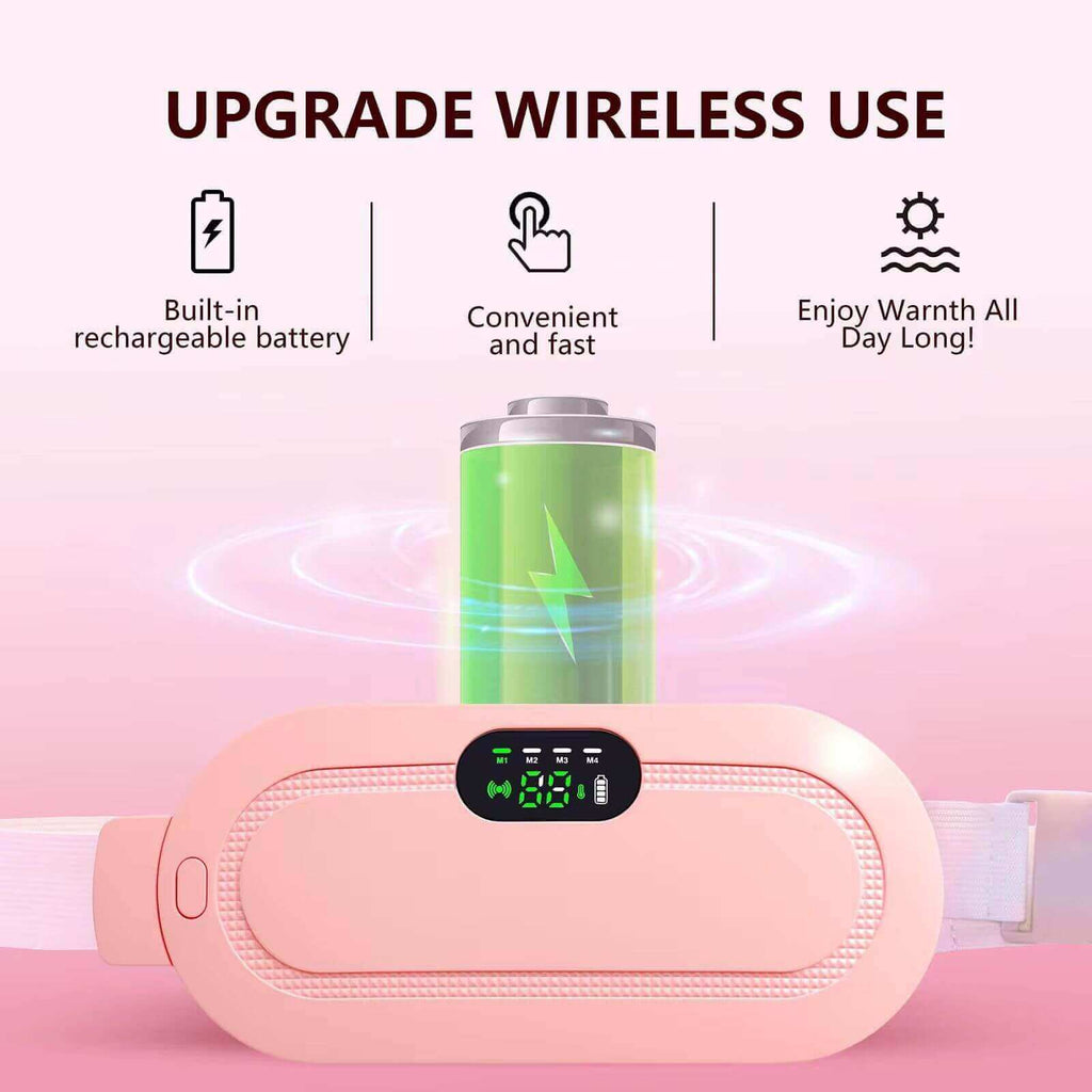 Pink menstrual heating pad with digital display on a pink background, featuring text about wireless use.