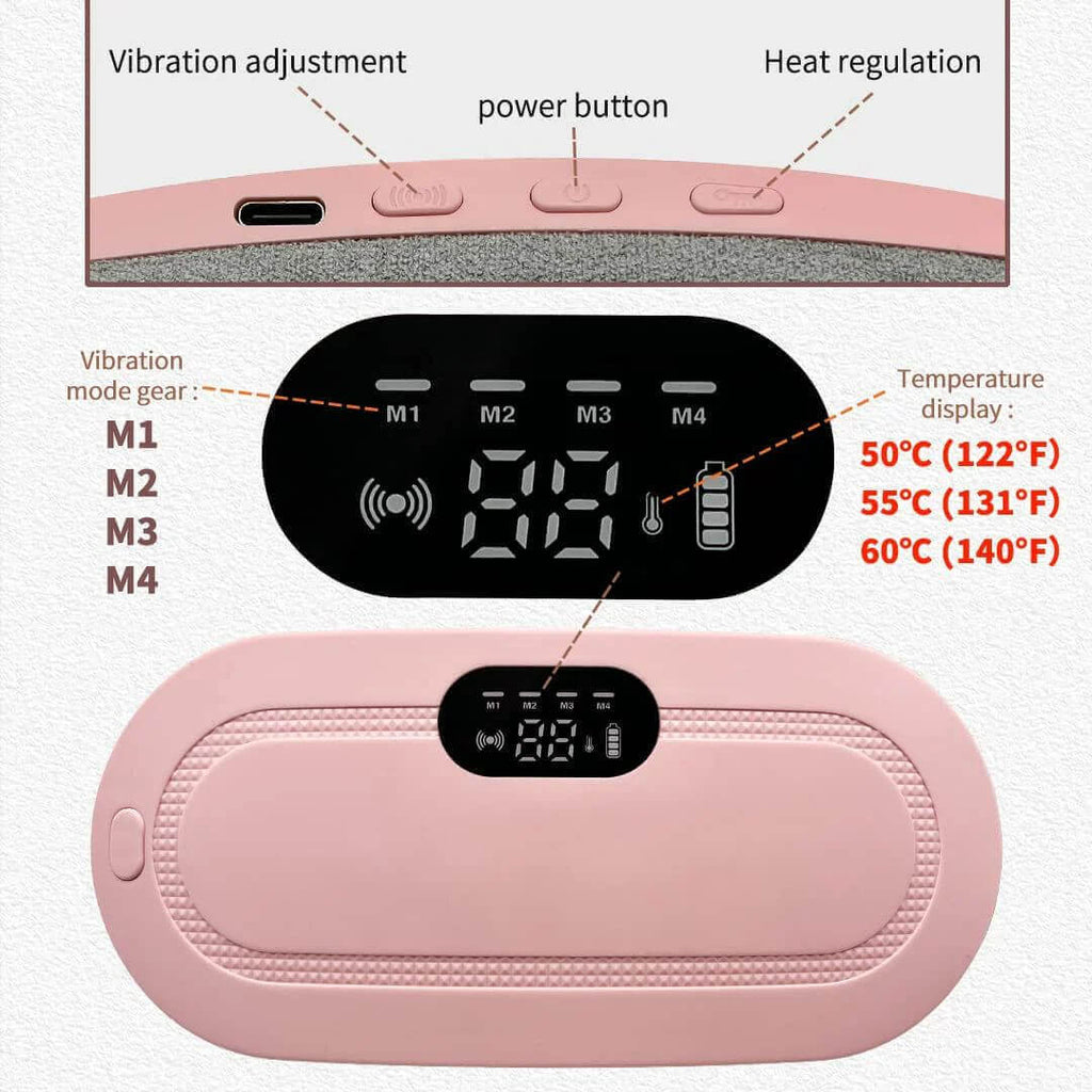 Pink electronic device with digital display and control buttons, labeled for features.