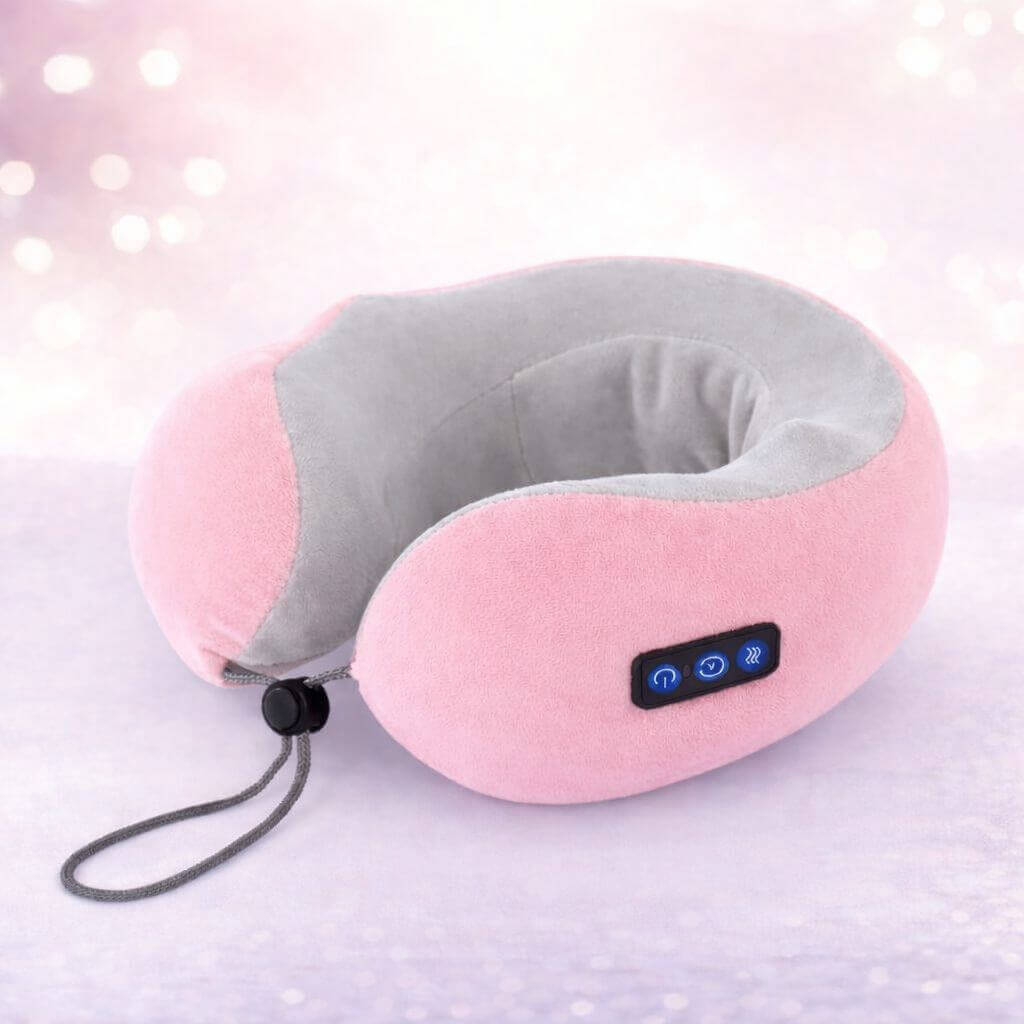 Portable Heated Neck & Shoulder Massager in soft pink fabric, with control buttons for adjustable settings.