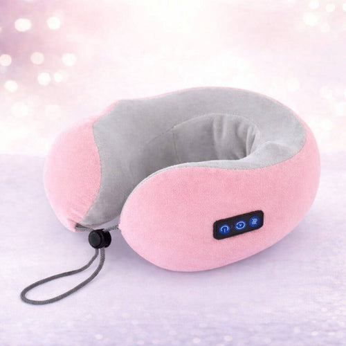 Portable Heated Neck & Shoulder Massager in soft pink fabric, with control buttons for adjustable settings.