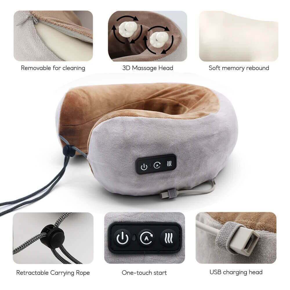 Portable Heated Neck & Shoulder Massager features removable cover, 3D massage head, soft memory foam, and USB charging capabilities.